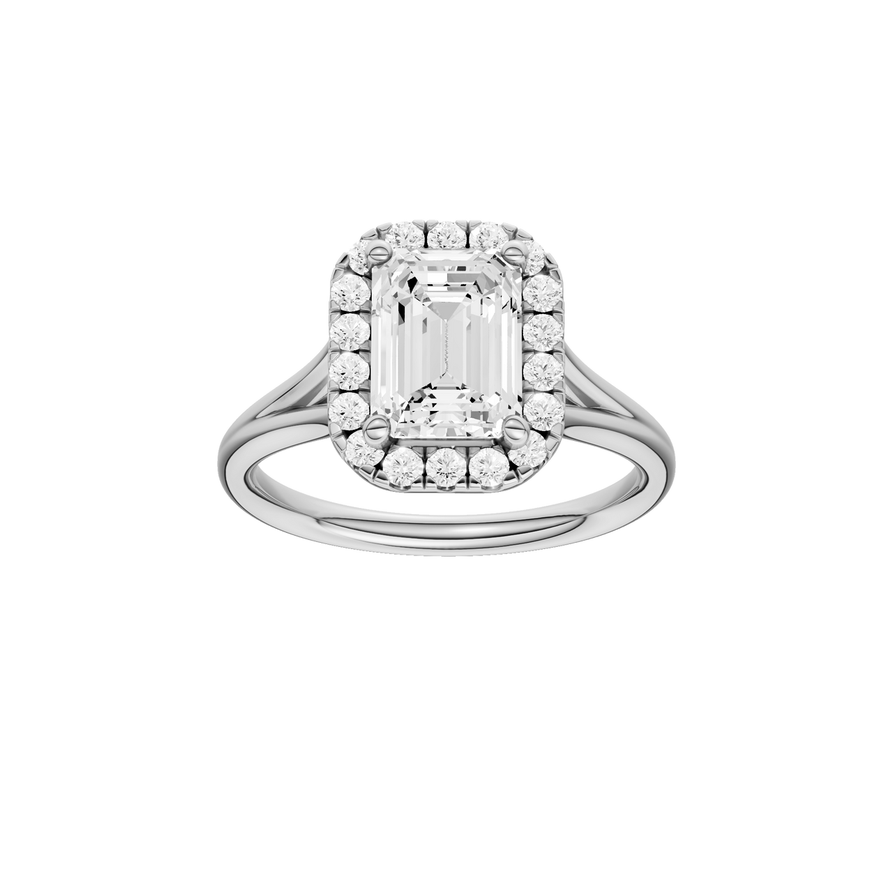 A front view of the Emerald cut diamond engagement ring in 14k white gold with a plain band and halo setting