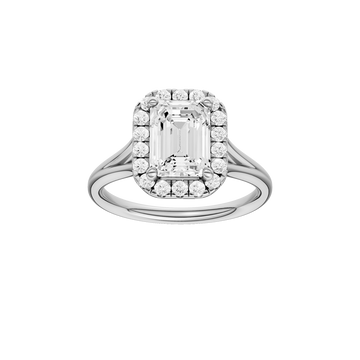A front view of the Emerald cut diamond engagement ring in 14k white gold with a plain band and halo setting