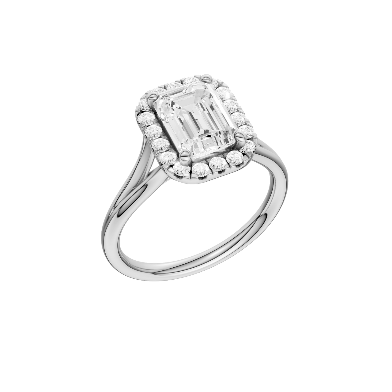 A three-quarter view of the Emerald cut diamond engagement ring in platinum with a plain band and halo setting