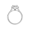 A profile view of the Emerald cut diamond engagement ring in platinum with a plain band and halo setting