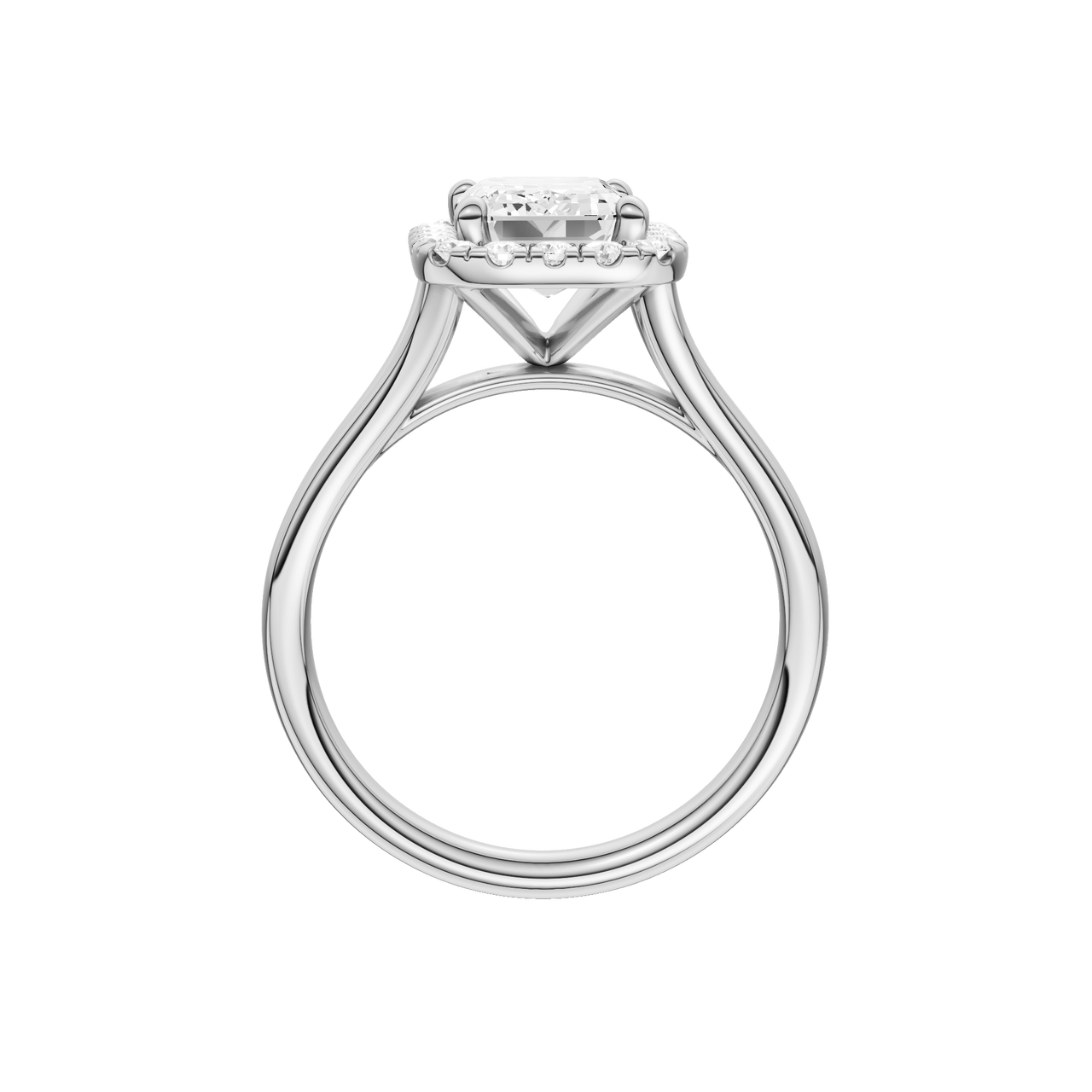 A profile view of the Emerald cut diamond engagement ring in 14k white gold with a plain band and halo setting