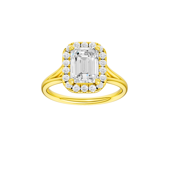 A front view of the Emerald cut diamond engagement ring in 14k yellow  gold with a plain band and halo setting