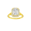 A front view of the Emerald cut diamond engagement ring in 14k yellow  gold with a plain band and halo setting