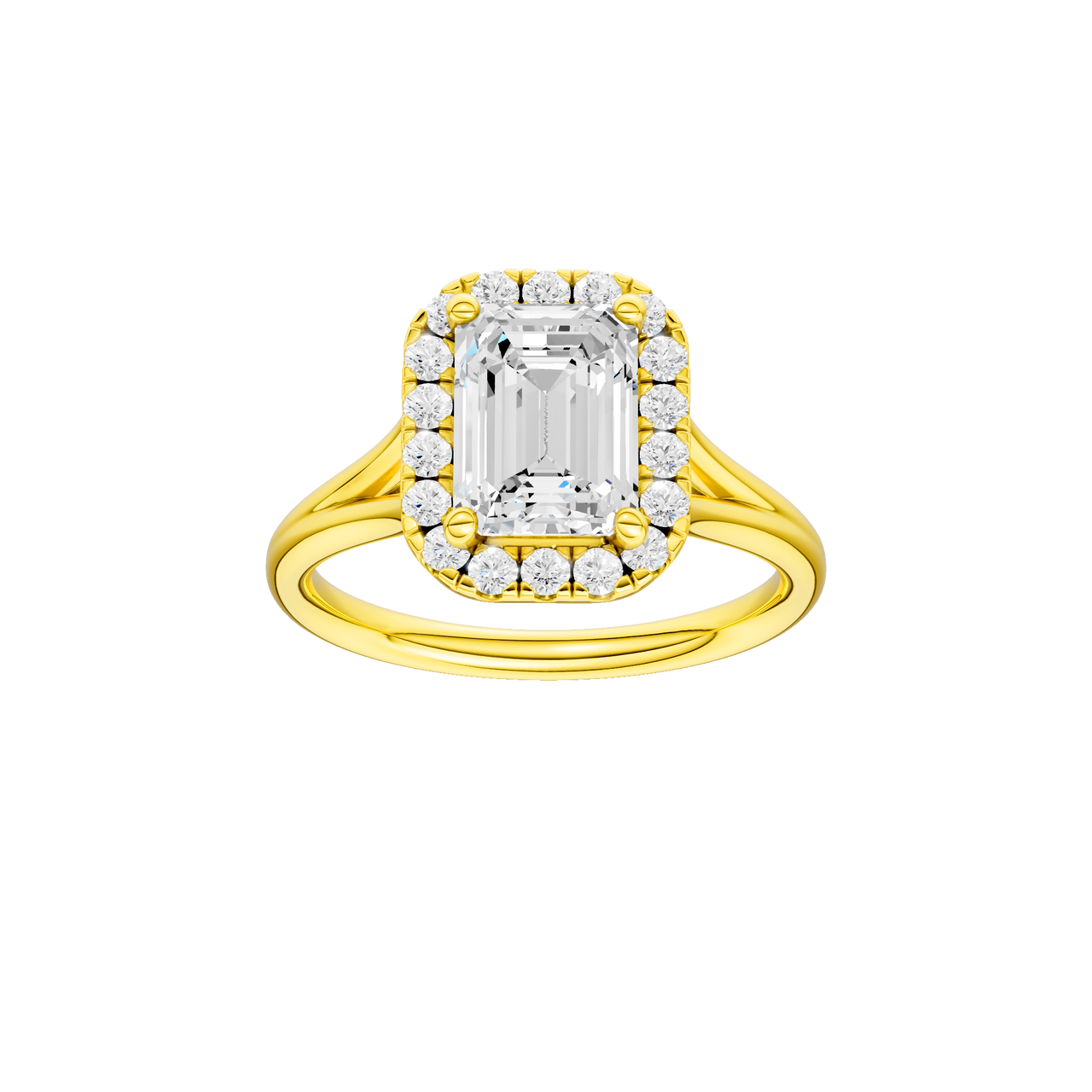 A front view of the Emerald cut diamond engagement ring in 14k yellow  gold with a plain band and halo setting