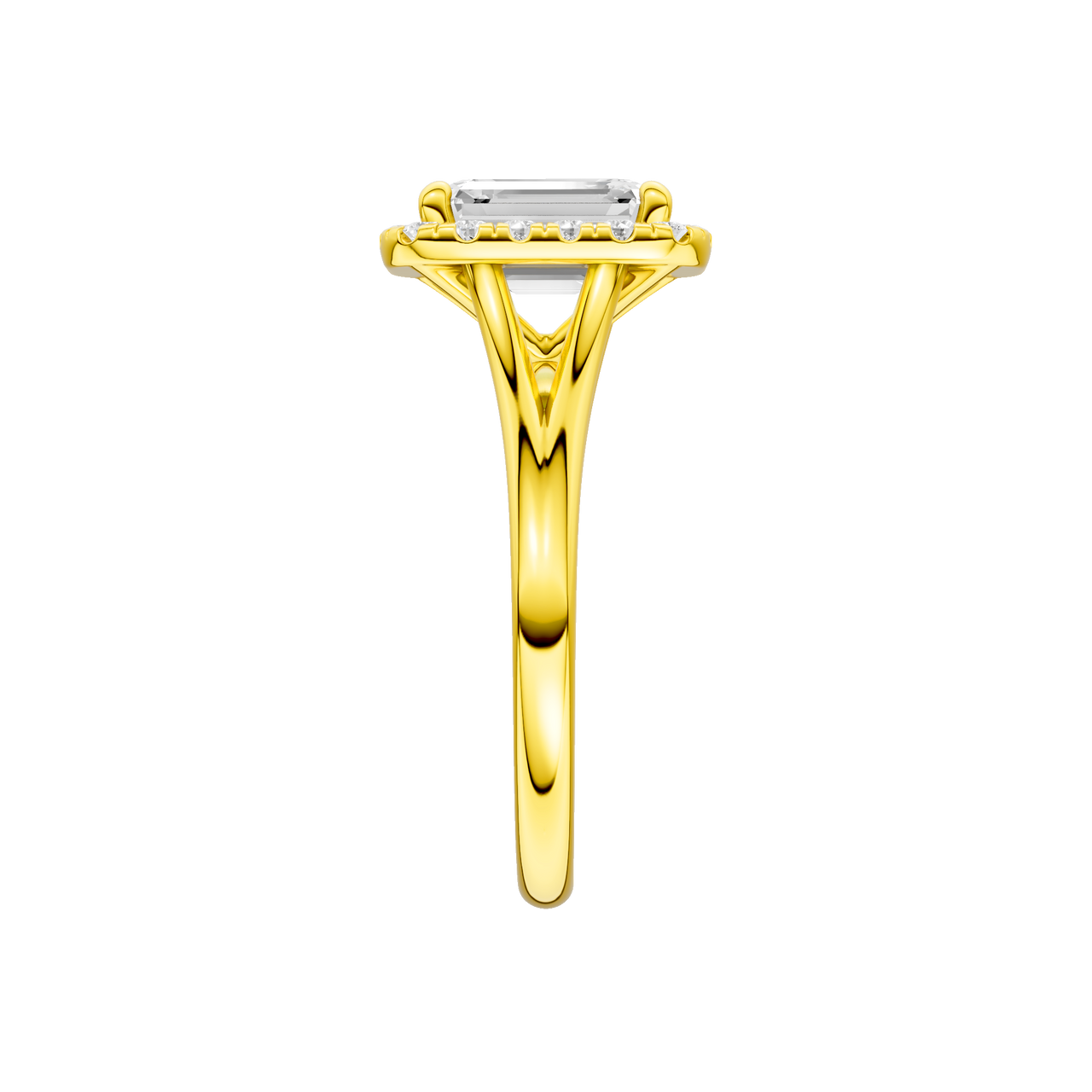 A side view of the Emerald cut diamond engagement ring in 14k yellow gold with a plain band and halo setting