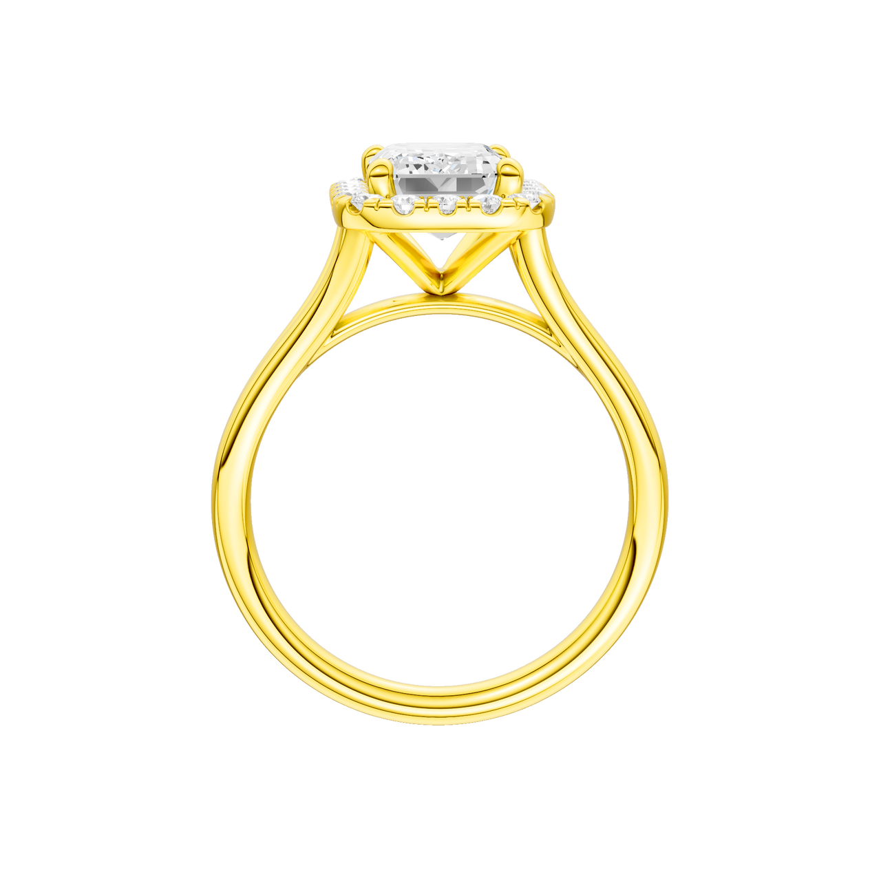 A profile view of the Emerald cut diamond engagement ring in 14k yellow gold with a plain band and halo setting