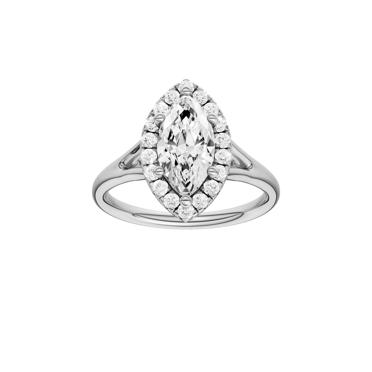 A front view of the Marquise cut diamond engagement ring in 14k white gold with a plain band and solitaire setting