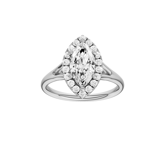 A front view of the Marquise cut diamond engagement ring in 14k white gold with a plain band and solitaire setting
