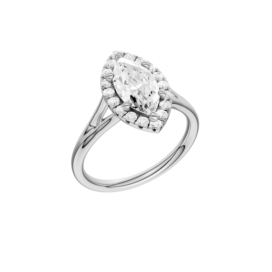 A three-quarter view of the Marquise cut diamond engagement ring in platinum with a plain band and solitaire setting