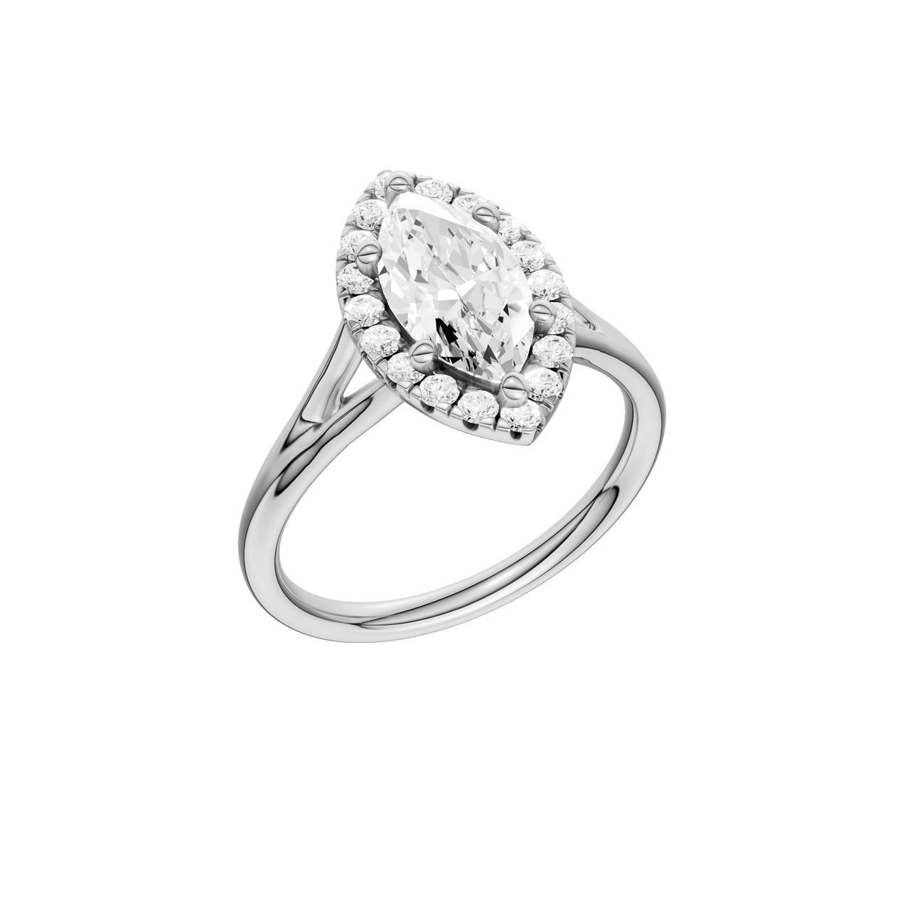 A three-quarter view of the Marquise cut diamond engagement ring in platinum with a plain band and solitaire setting