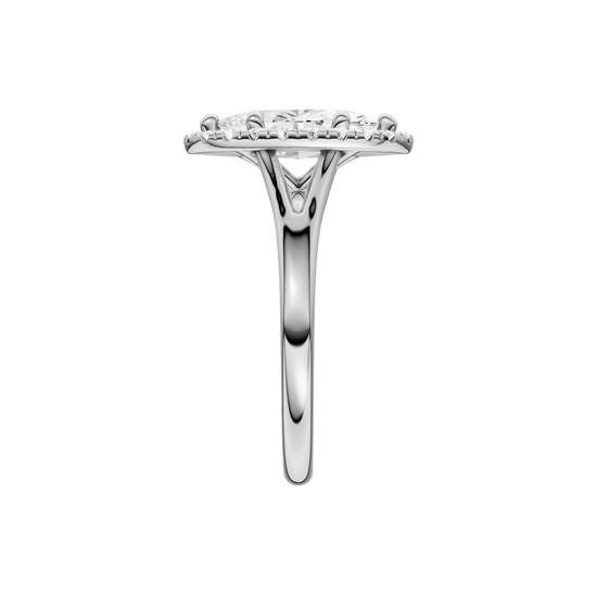 A side view of the Marquise cut diamond engagement ring in platinum with a plain band and solitaire setting