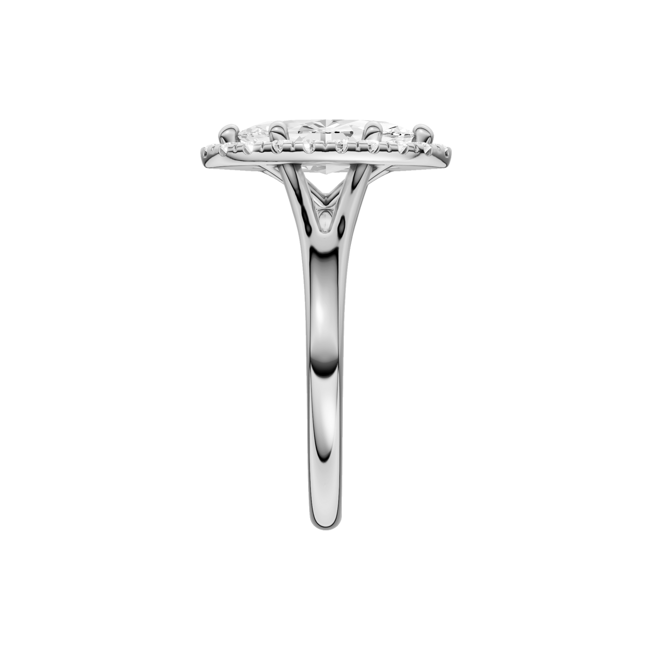 A side view of the Marquise cut diamond engagement ring in platinum with a plain band and solitaire setting