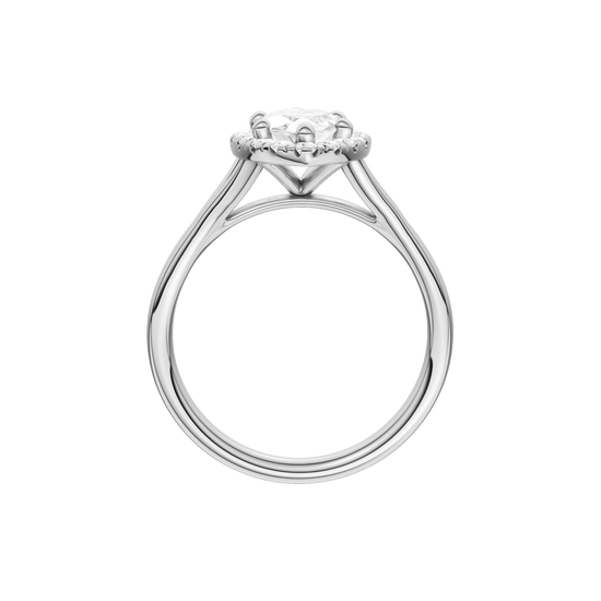 A profile view of the Marquise cut diamond engagement ring in 14k white gold with a plain band and solitaire setting