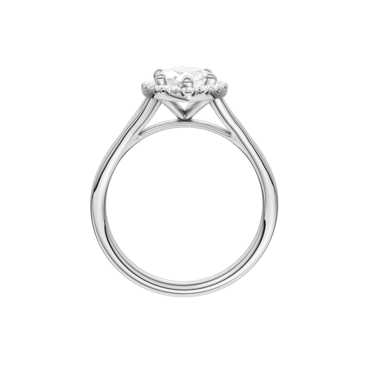 A profile view of the Marquise cut diamond engagement ring in 14k white gold with a plain band and solitaire setting