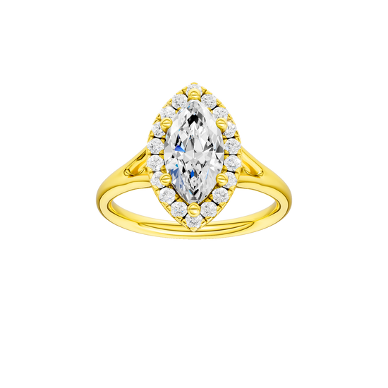 A front view of the Marquise cut diamond engagement ring in 14k yellow gold with a plain band and solitaire setting