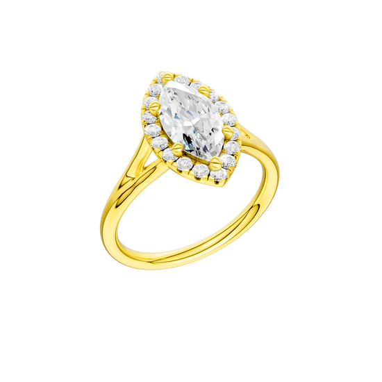 A three-quarter view of the Marquise cut diamond engagement ring in 14k yellow gold with a plain band and solitaire setting