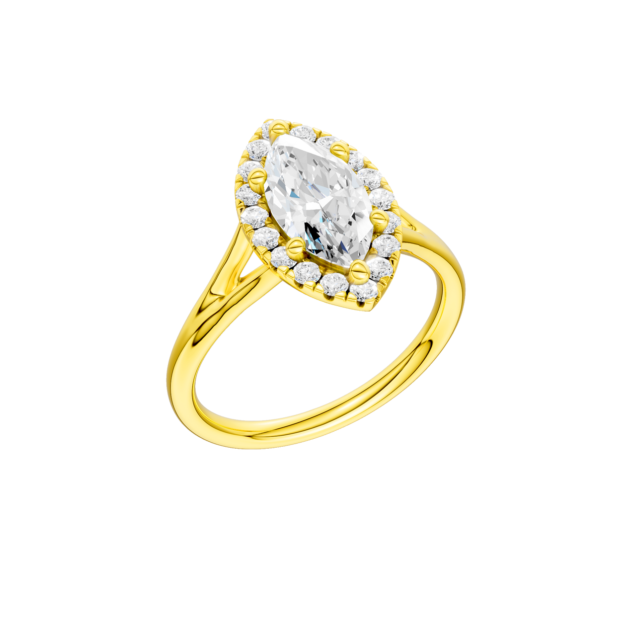 A three-quarter view of the Marquise cut diamond engagement ring in 14k yellow gold with a plain band and solitaire setting