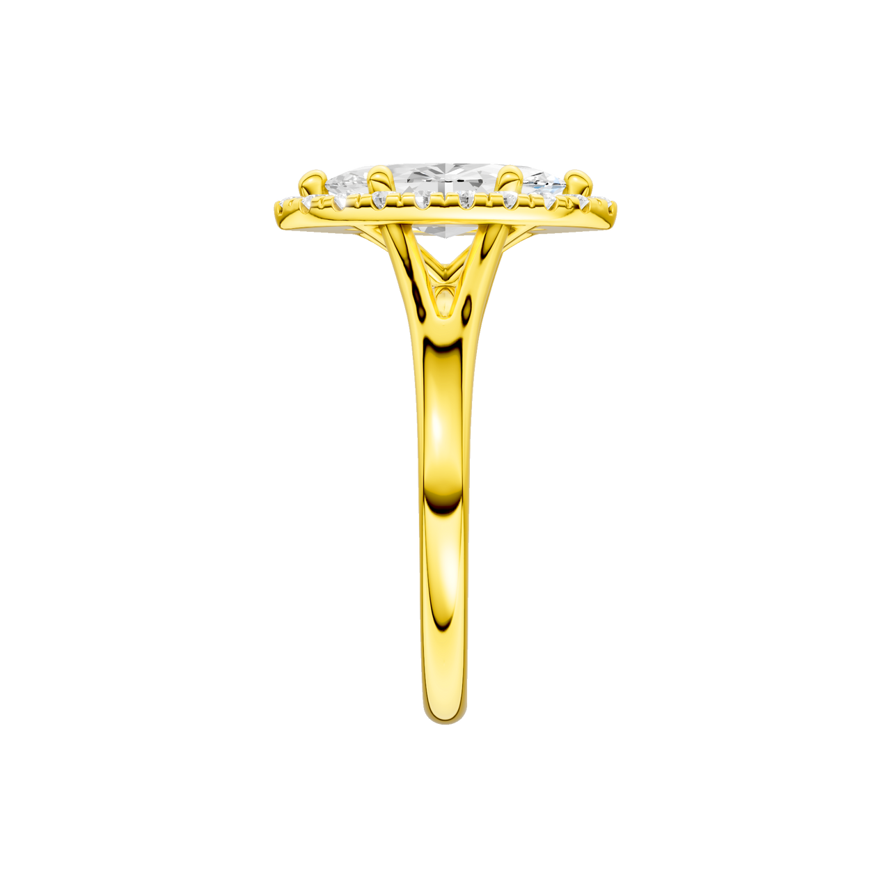 A side view of the Marquise cut diamond engagement ring in 14k yellow gold with a plain band and solitaire setting