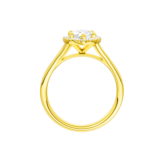 A profile view of the Marquise cut diamond engagement ring in 14k yellow gold with a plain band and solitaire setting