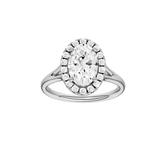 A front view of the Oval cut diamond engagement ring in platinum with a plain band and solitaire setting