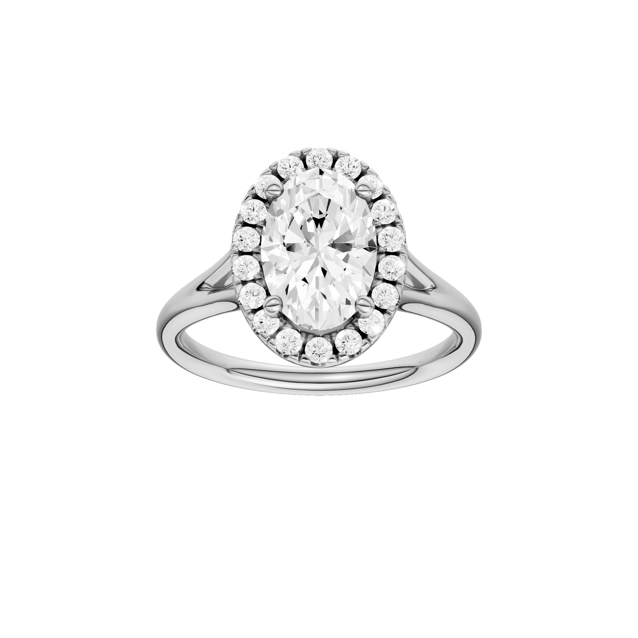 A front view of the Oval cut diamond engagement ring in platinum with a plain band and solitaire setting