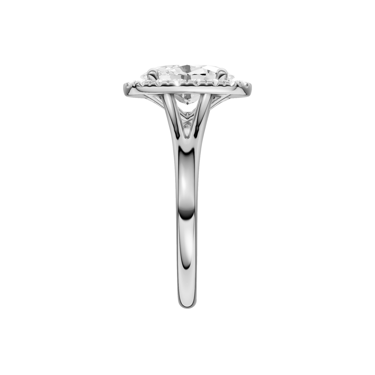 A side view of the Oval cut diamond engagement ring in 14k white gold with a plain band and solitaire setting
