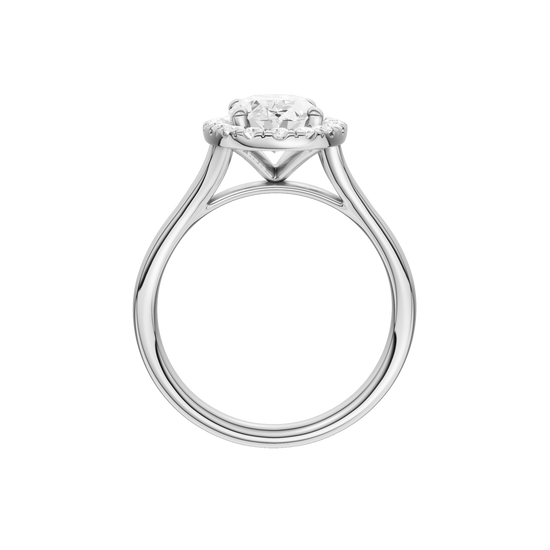 A profile view of the Oval cut diamond engagement ring in 14k white gold with a plain band and solitaire setting