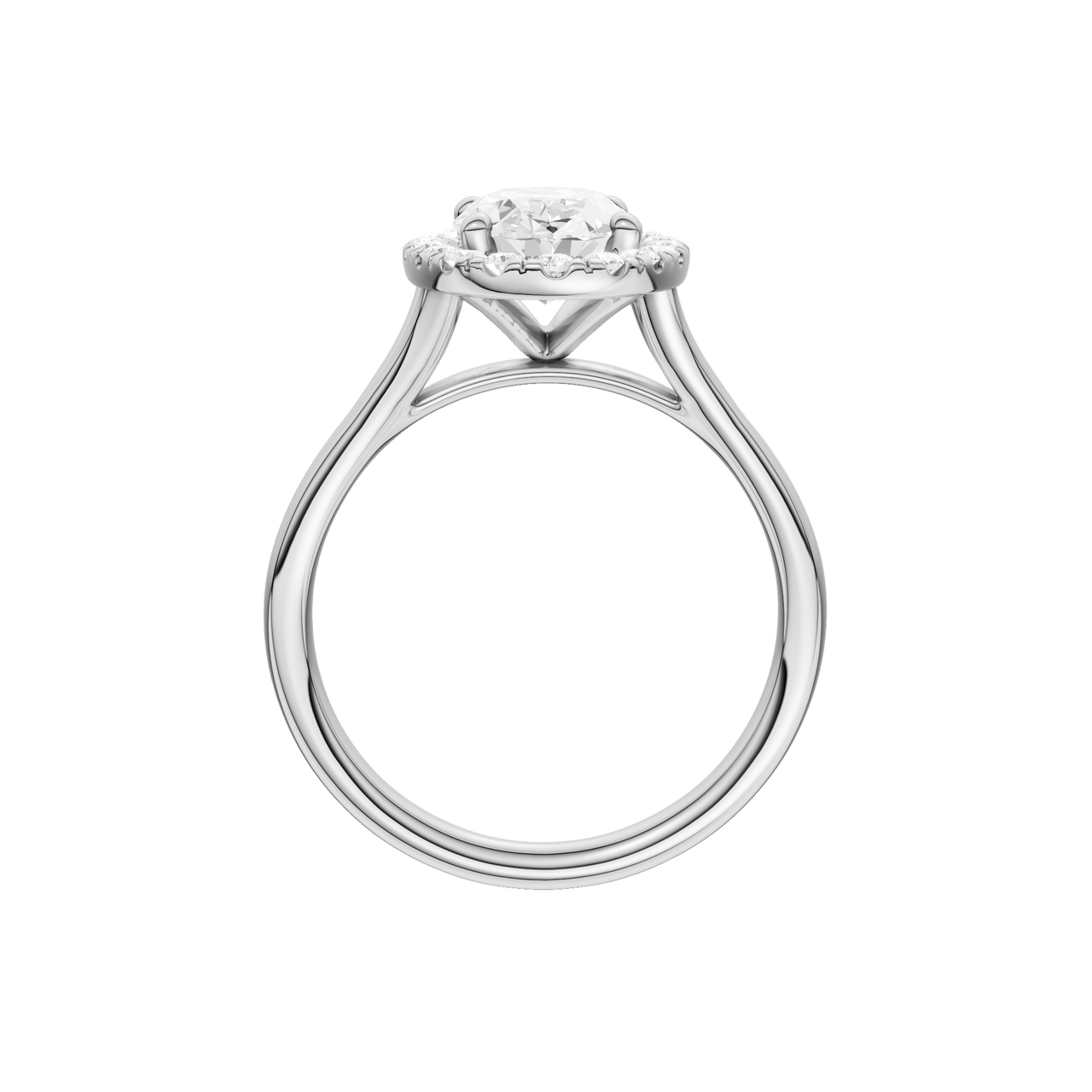 A profile view of the Oval cut diamond engagement ring in 14k white gold with a plain band and solitaire setting