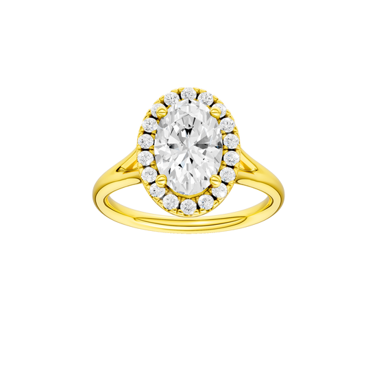 A front view of the Oval cut diamond engagement ring in 14k yellow gold with a plain band and solitaire setting