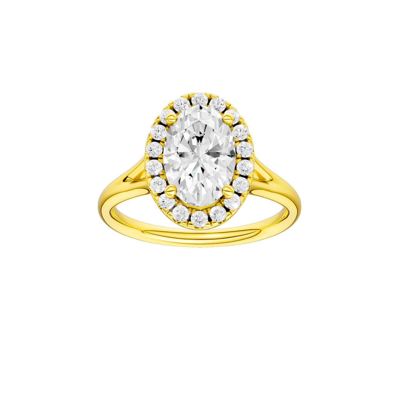 A front view of the Oval cut diamond engagement ring in 14k yellow gold with a plain band and solitaire setting