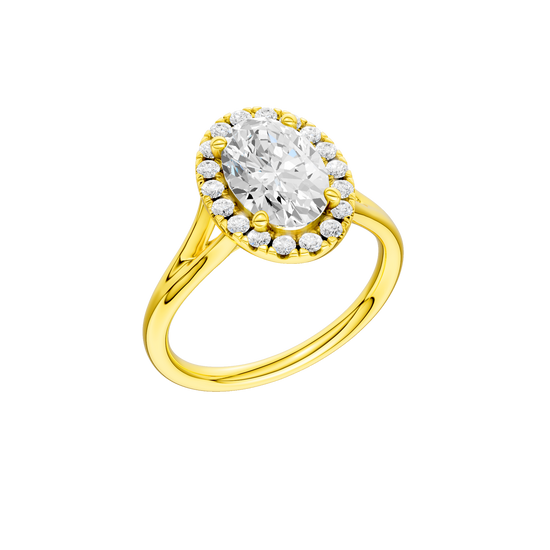 A three-quarter view of the Oval cut diamond engagement ring in 14k yellow gold with a plain band and solitaire setting