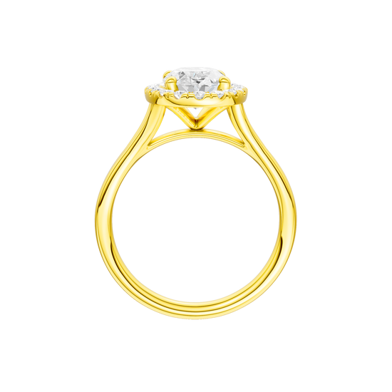 A profile view of the Oval cut diamond engagement ring in 14k yellow gold with a plain band and solitaire setting