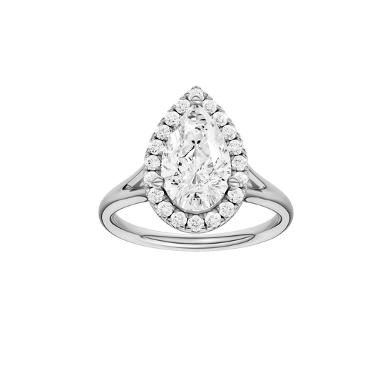 A front view of the Pear cut diamond engagement ring in 14k white gold with a plain band and solitaire setting
