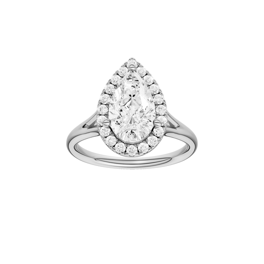 A front view of the Pear cut diamond engagement ring in 14k white gold with a plain band and solitaire setting