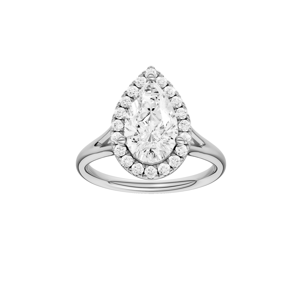A front view of the Pear cut diamond engagement ring in platinum with a plain band and solitaire setting