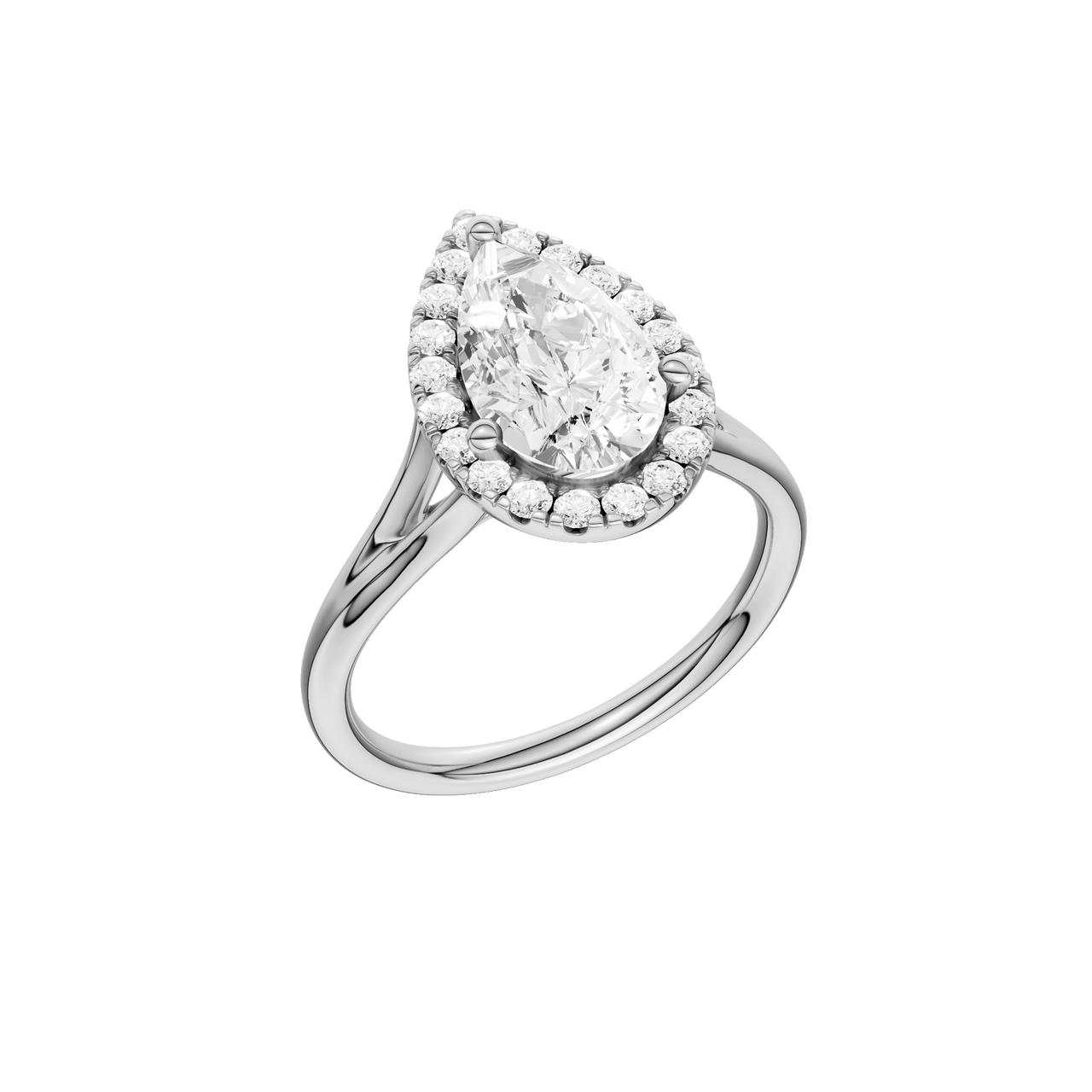 A three-quarter view of the Pear cut diamond engagement ring in platinum with a plain band and solitaire setting