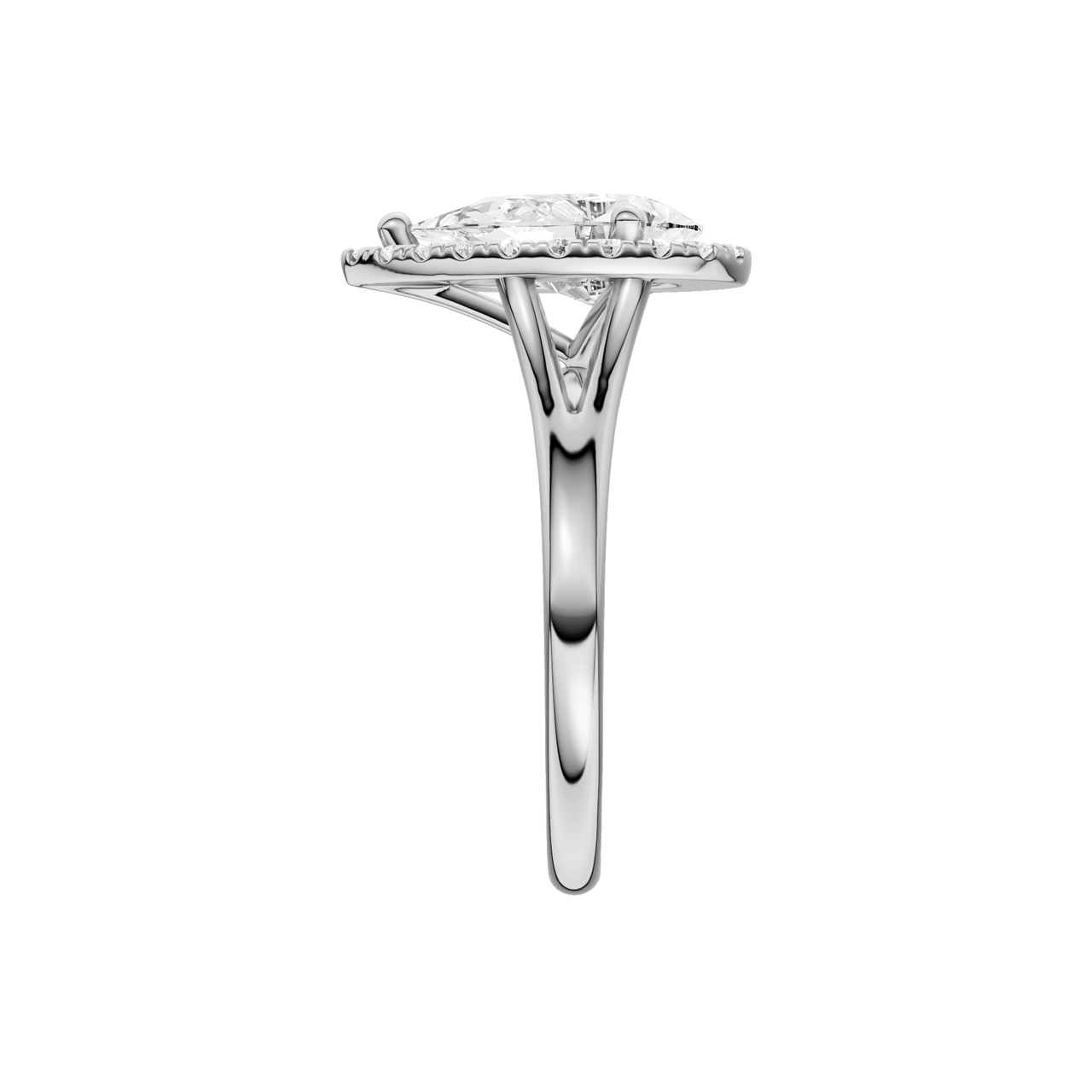 A side view of the Pear cut diamond engagement ring in 14k white gold with a plain band and solitaire setting