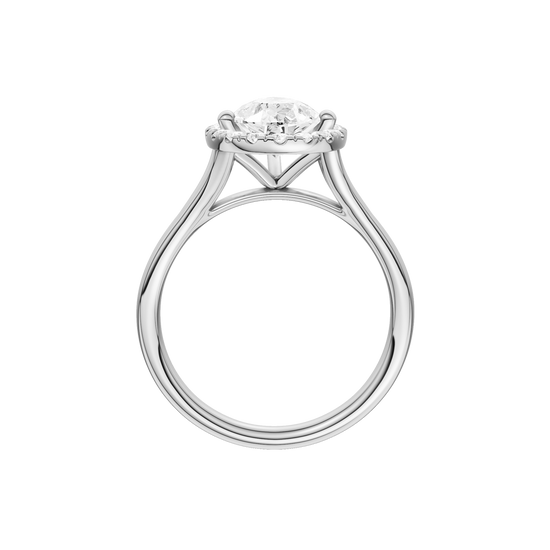 A profile view of the Pear cut diamond engagement ring in platinum with a plain band and solitaire setting