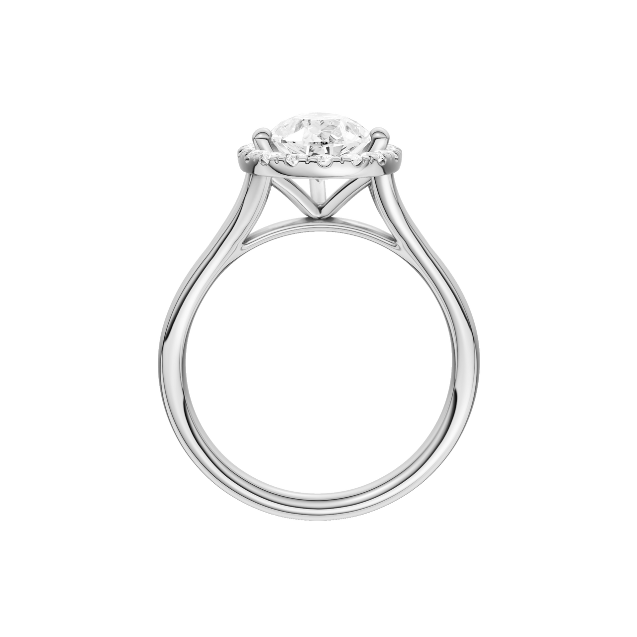 A profile view of the Pear cut diamond engagement ring in 14k white gold with a plain band and solitaire setting