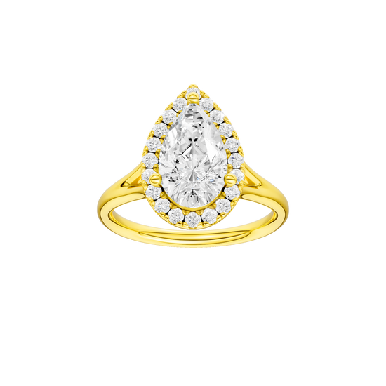 A front view of the Pear cut diamond engagement ring in 14k yellow gold with a plain band and solitaire setting