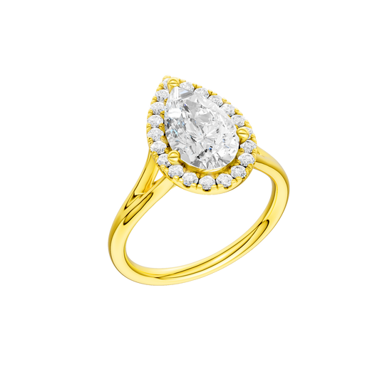 A three-quarter view of the Pear cut diamond engagement ring in 14k yellow gold with a plain band and solitaire setting