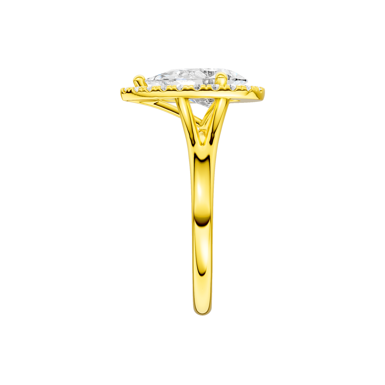 A side view of the Pear cut diamond engagement ring in 14k yellow gold with a plain band and solitaire setting