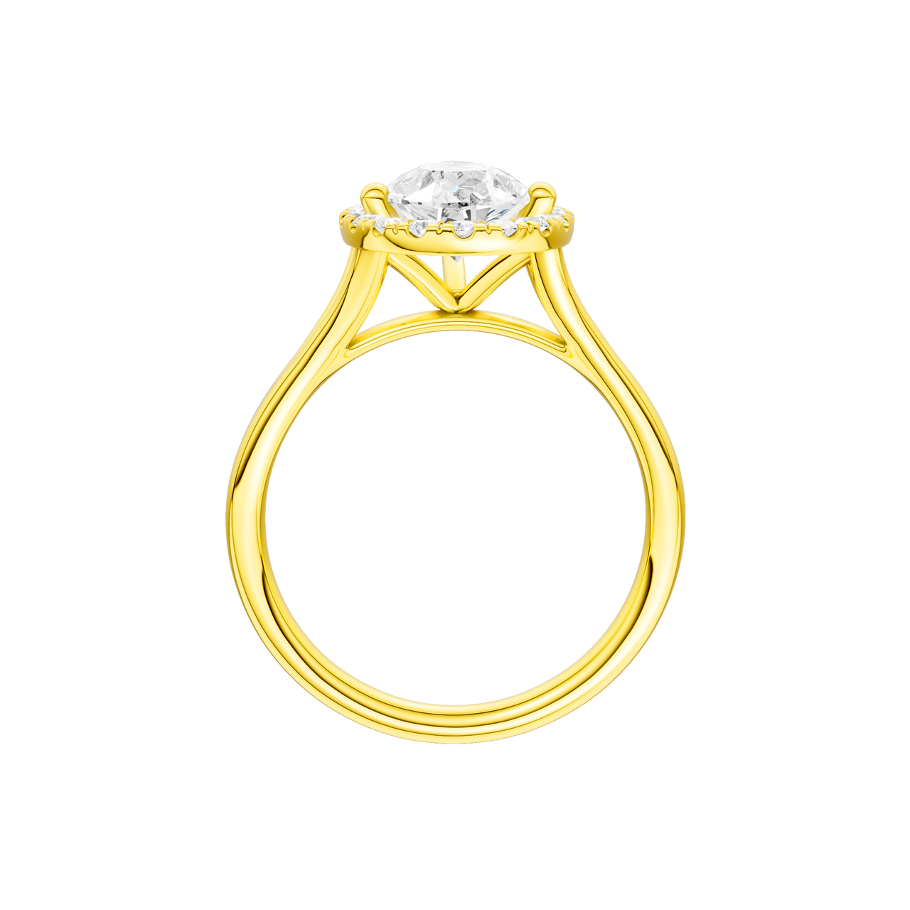 A profile view of the Pear cut diamond engagement ring in 14k yellow gold with a plain band and solitaire setting