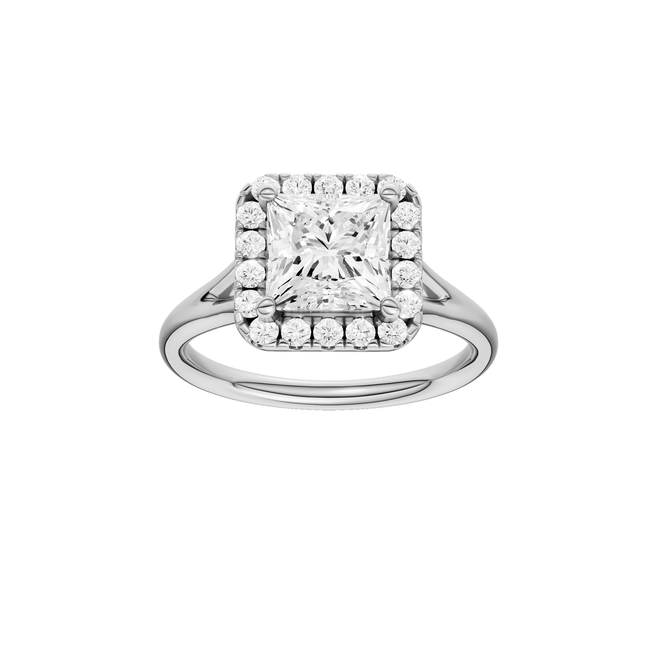 A front view of the Princess cut diamond engagement ring in 14k white gold with a plain band and solitaire setting