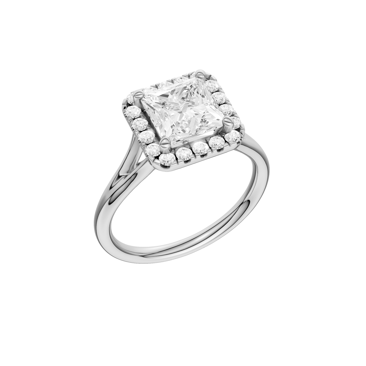A three-quarter view of the Princess cut diamond engagement ring in 14k white gold with a plain band and solitaire setting