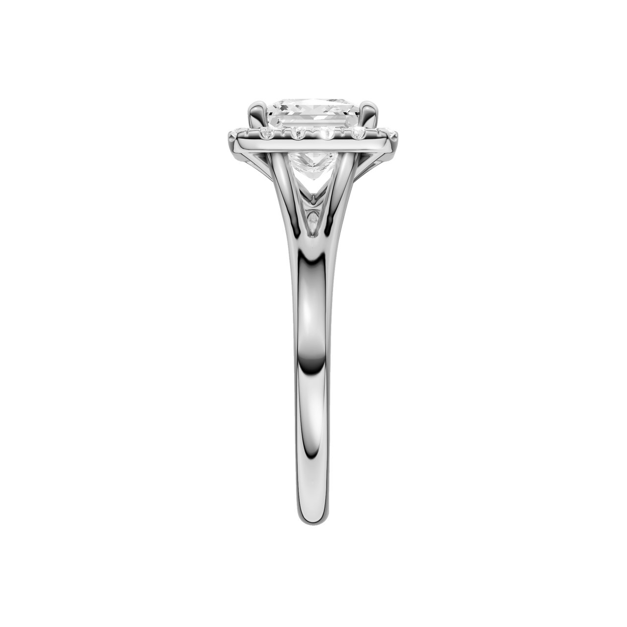 A side view of the Princess cut diamond engagement ring in 14k white gold with a plain band and solitaire setting