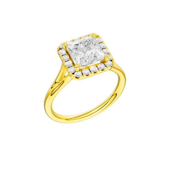 A three-quarter view of the Princess cut diamond engagement ring in 14k yellow gold with a plain band and solitaire setting