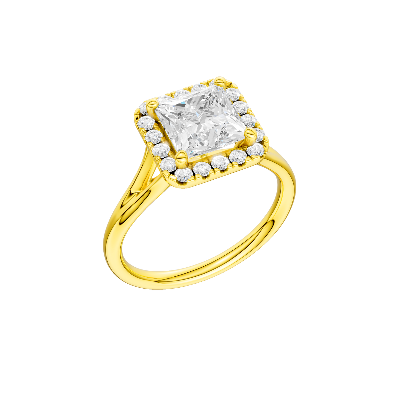 A three-quarter view of the Princess cut diamond engagement ring in 14k yellow gold with a plain band and solitaire setting
