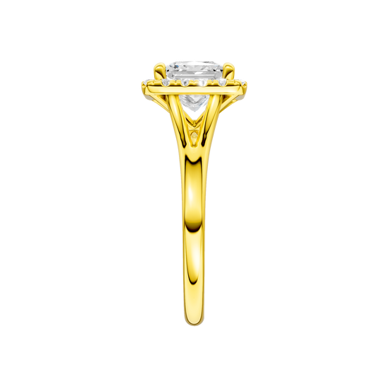 A side view of the Princess cut diamond engagement ring in 14k yellow gold with a plain band and solitaire setting