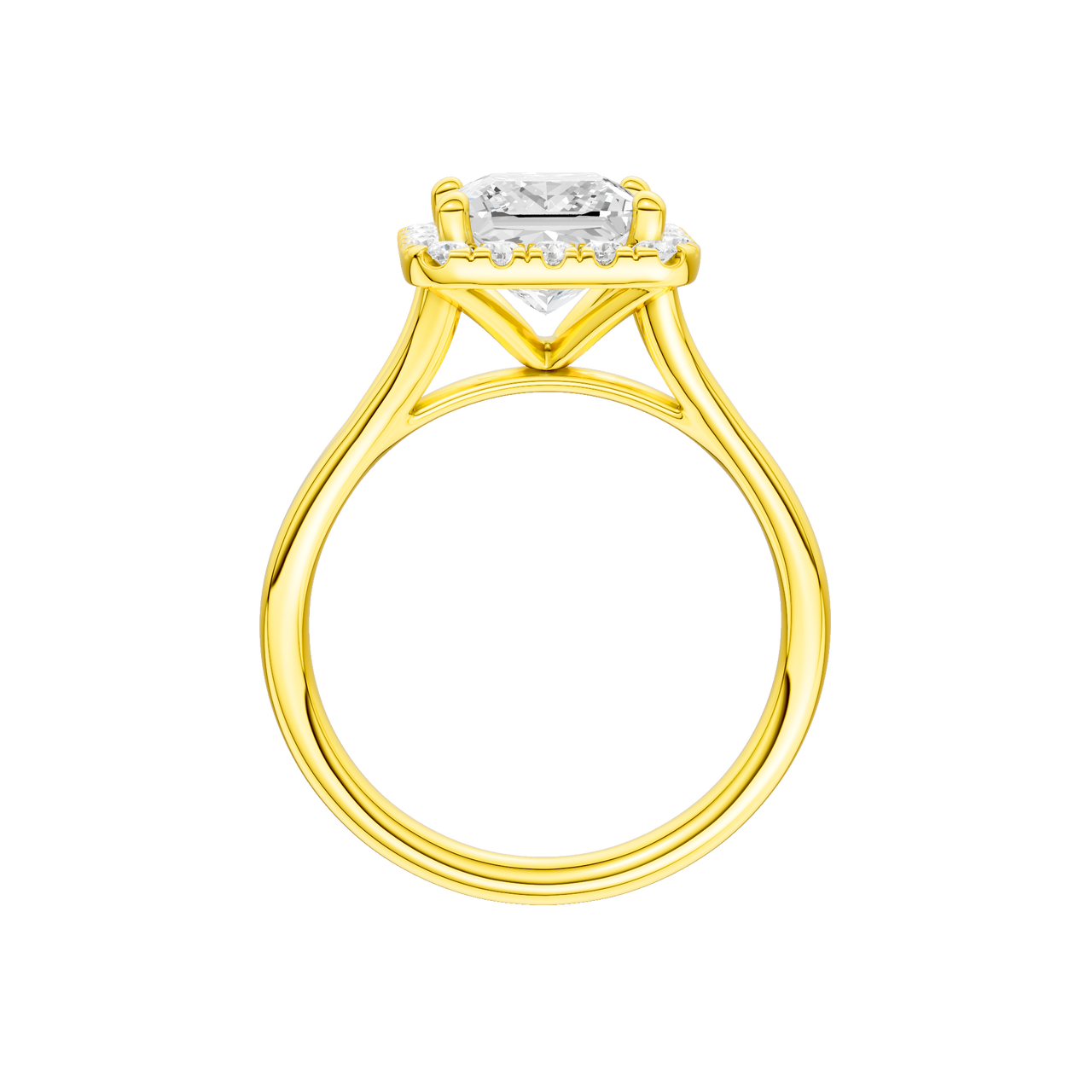 A profile view of the Princess cut diamond engagement ring in 14k yellow gold with a plain band and solitaire setting
